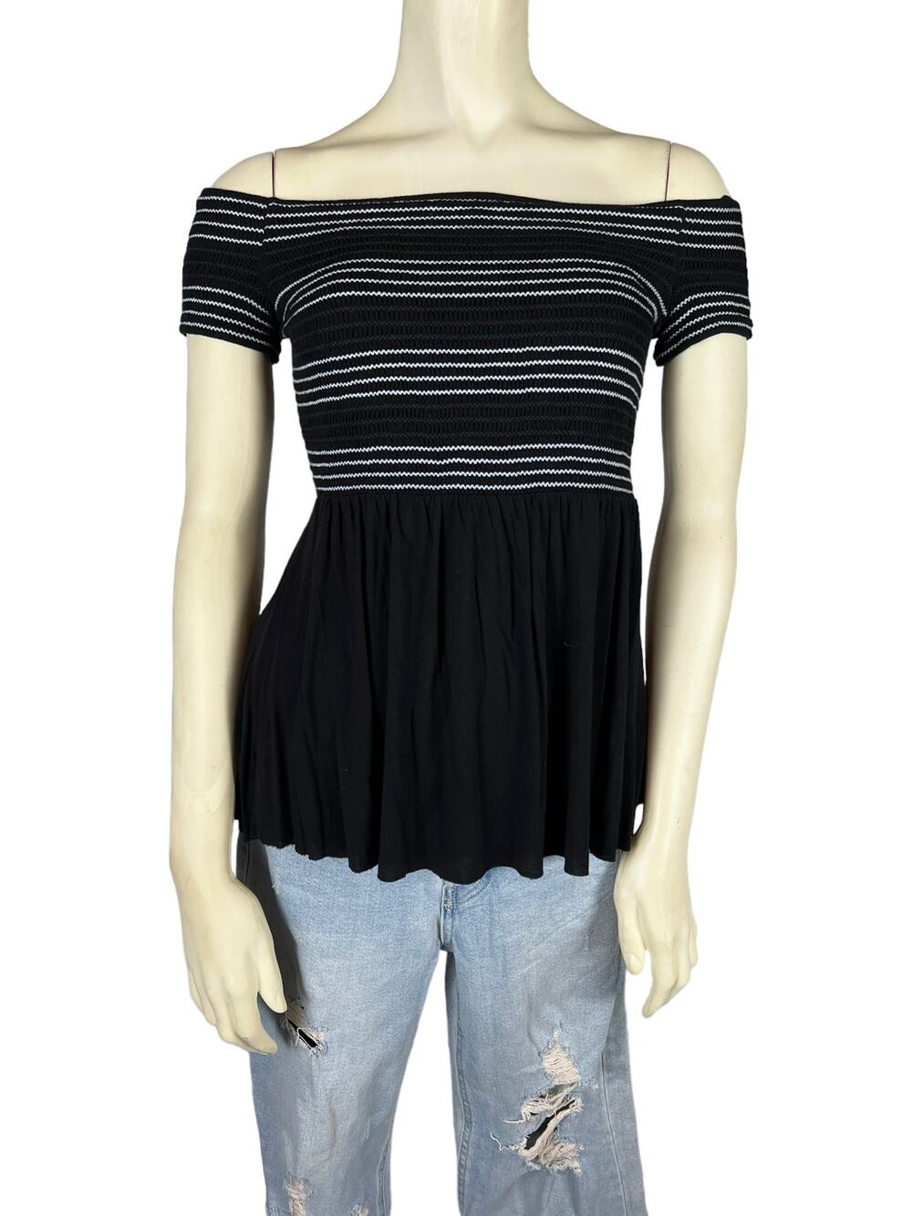 Bailey 44 Black Stripe On / Off Shoulder Top Small Ribbed Stretch Peplum Blouse